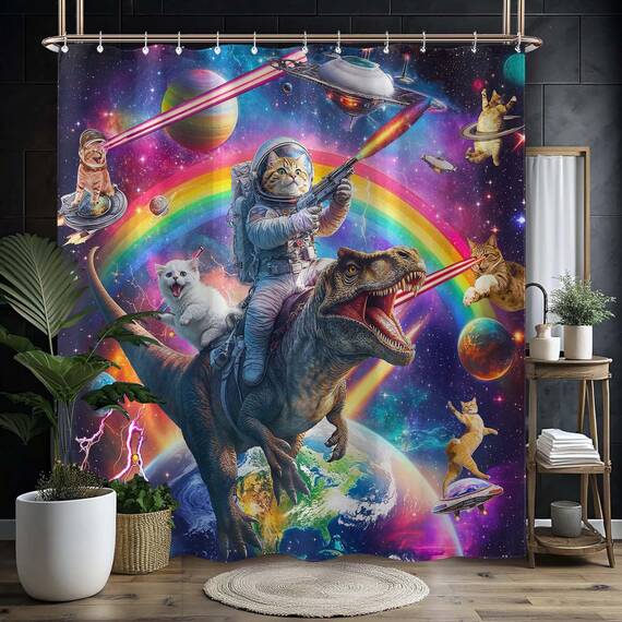 Lustiger Duschvorhang mit Dinosaurier-Motiv, extra lang, cool, bunt, Weltraumkatzen, fürs Bad, Fantasie, Galaxie, Universum, Anime, Kinder, wasserdichter Stoff, Badvorhang, Dekoration, 183 x 213 cm
