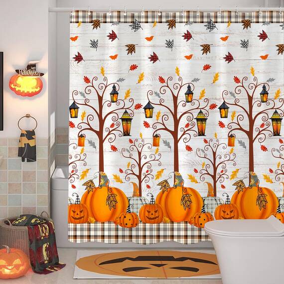 Fowocu Herbst-Duschvorhang, Herbstbaumblätter, Halloween, Kürbis, Duschvorhänge für Badezimmer, dekorativ, Erntedankfest, Bauernhaus, wasserdichter Stoff, Badevorhang-Dekor (183 x 183 cm, gelb2)