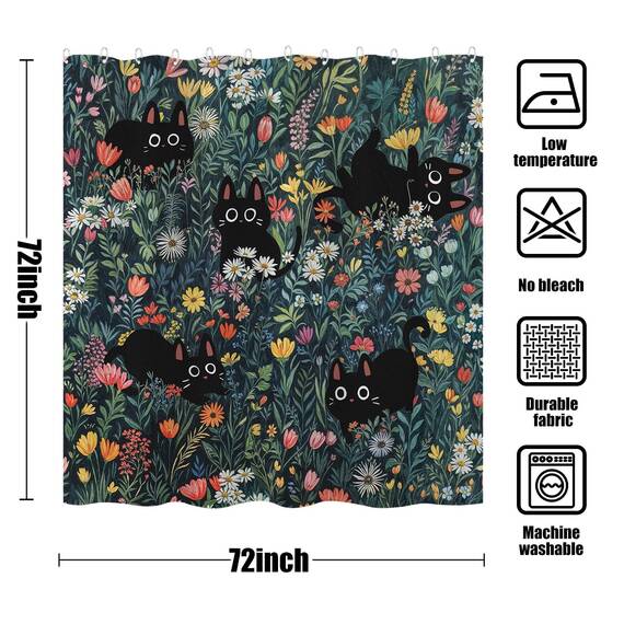 Duschvorhang mit niedlicher Katze, lustig, schwarze Katzen, Boho, Gänseblümchen, Vintage-Stil, für Badezimmer, Tier, Wildblume, Bauernhaus, wasserdichter Stoff, Dekoration, 183 x 183 cm