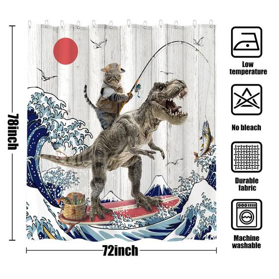 Fowocu Duschvorhang, lustiger Katzen-Dinosaurier-Duschvorhang, lustiges Kätzchen, Angeln, japanische Ozeanwelle, wasserdichter Stoff, für Badezimmer, Kinder, rustikales Holz, Bauernhaus (183 x 198 cm)
