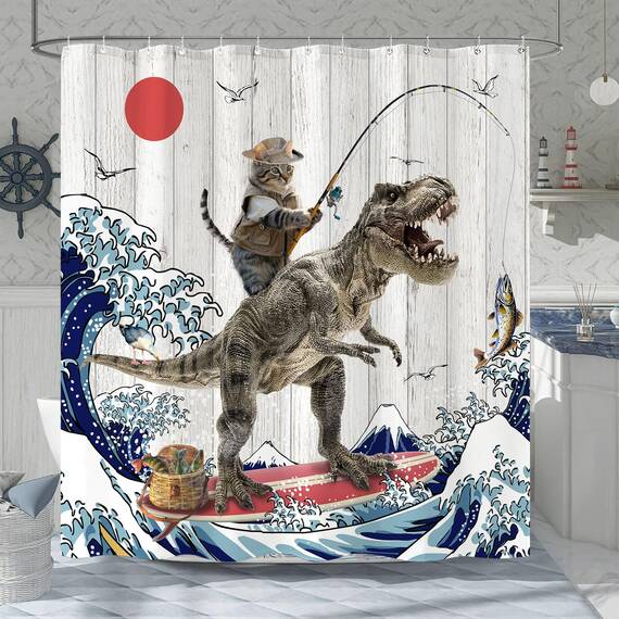 Fowocu Duschvorhang, lustiger Katzen-Dinosaurier-Duschvorhang, lustiges Kätzchen, Angeln, japanische Ozeanwelle, wasserdichter Stoff, für Badezimmer, Kinder, rustikales Holz, Bauernhaus (183 x 198 cm)