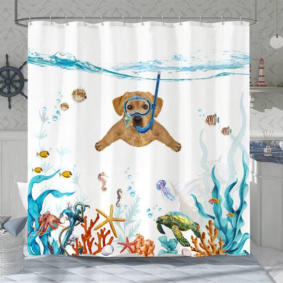 Fowocu lustiger Hunde-Duschvorhang, blaugrün, Meer, Ozean, wasserdichter Stoff, für Badezimmer, mit Tier, Oktopus, Seestern, Schildkröte, Anker, Fisch, nautisches Badvorhang-Dekor (183 x 183 cm)