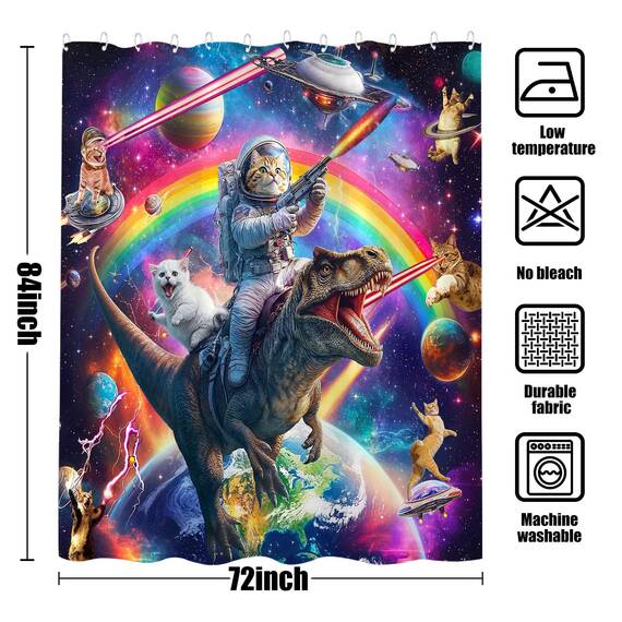 Lustiger Duschvorhang mit Dinosaurier-Motiv, extra lang, cool, bunt, Weltraumkatzen, fürs Bad, Fantasie, Galaxie, Universum, Anime, Kinder, wasserdichter Stoff, Badvorhang, Dekoration, 183 x 213 cm