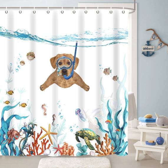 Fowocu Lustiger Hund, extra langes Duschvorhang-Set, blaugrün, Meer, Ozean, wasserdichter Stoff, Duschvorhänge mit Tier, Oktopus, Seestern, Schildkröte, Anker, Fisch, nautisch, Badezimmer-Vorhang