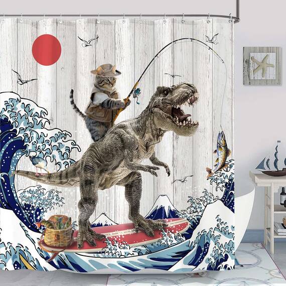 Fowocu Duschvorhang, extra lang, lustiges Katzen-Dinosaurier-Motiv, lustiges Kätzchen, Angeln, japanische Ozeanwelle, wasserdichter Stoff, fürs Bad, Kinder, rustikales Holz, Bauernhaus (183 x 213 cm)