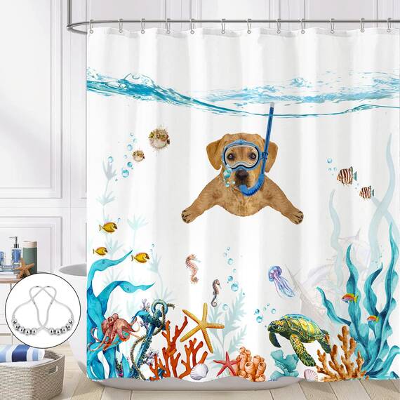 Fowocu lustiger Hunde-Duschvorhang, blaugrün, Meer, Ozean, wasserdichter Stoff, für Badezimmer, mit Tier, Oktopus, Seestern, Schildkröte, Anker, Fisch, nautisches Badvorhang-Dekor (183 x 183 cm)