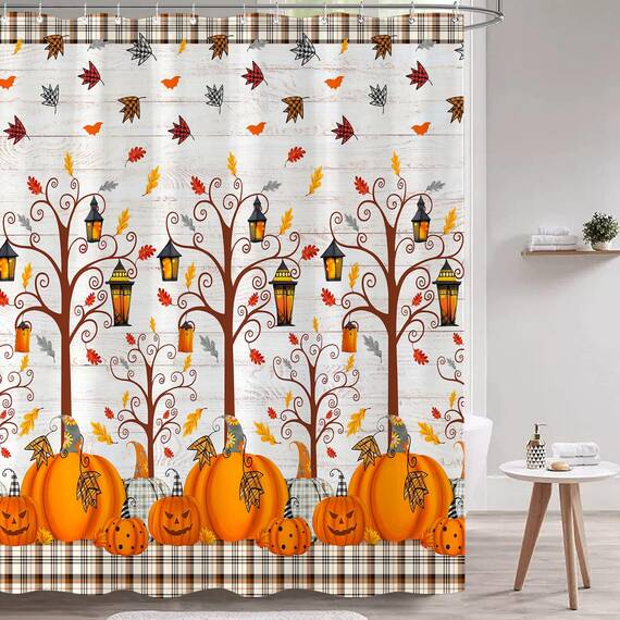 Fowocu Herbst-Duschvorhang, Herbstbaumblätter, Halloween, Kürbis, Duschvorhänge für Badezimmer, dekorativ, Erntedankfest, Bauernhaus, wasserdichter Stoff, Badevorhang-Dekor (183 x 183 cm, gelb2)