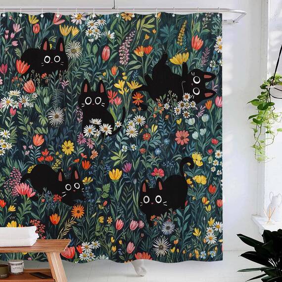 Duschvorhang mit niedlicher Katze, lustig, schwarze Katzen, Boho, Gänseblümchen, Vintage-Stil, für Badezimmer, Tier, Wildblume, Bauernhaus, wasserdichter Stoff, Dekoration, 183 x 183 cm