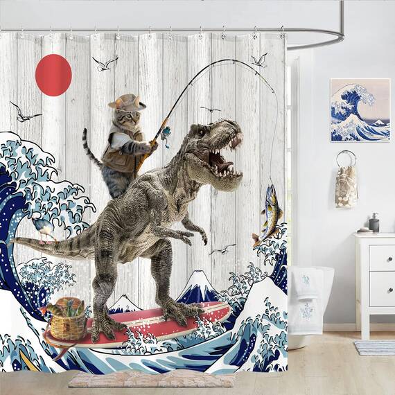 Fowocu Duschvorhang, extra lang, lustiges Katzen-Dinosaurier-Motiv, lustiges Kätzchen, Angeln, japanische Ozeanwelle, wasserdichter Stoff, fürs Bad, Kinder, rustikales Holz, Bauernhaus (183 x 213 cm)