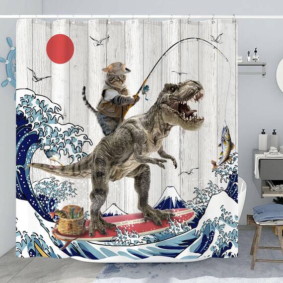 Fowocu Duschvorhang, lustiger Katzen-Dinosaurier-Duschvorhang, lustiges Kätzchen, Angeln, japanische Ozeanwelle, wasserdichter Stoff, für Badezimmer, Kinder, rustikales Holz, Bauernhaus (183 x 198 cm)