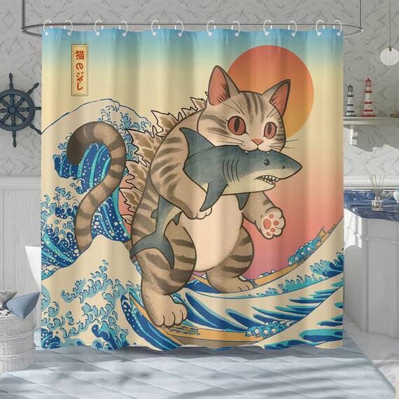 Lustiger japanischer Katzen-Duschvorhang, niedlich, cool, Katze, Monster, Hai, für Badezimmer, Vintage, Ozean, Wellen, Anime, Kinder, wasserdichter Stoff, Badvorhang, Dekoration, 183 x 183 cm