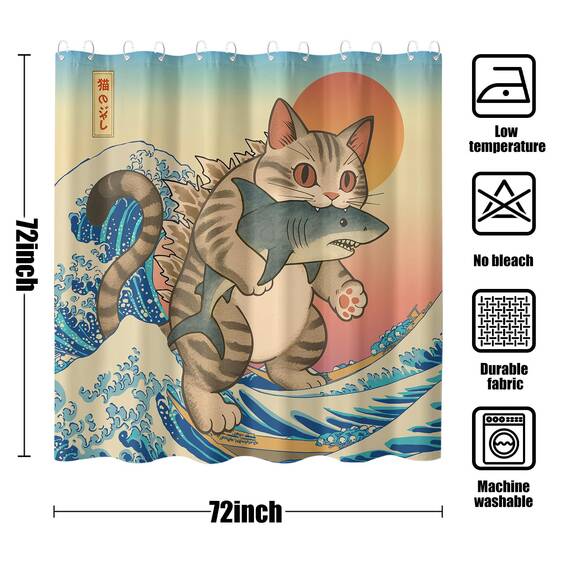 Lustiger japanischer Katzen-Duschvorhang, niedlich, cool, Katze, Monster, Hai, für Badezimmer, Vintage, Ozean, Wellen, Anime, Kinder, wasserdichter Stoff, Badvorhang, Dekoration, 183 x 183 cm