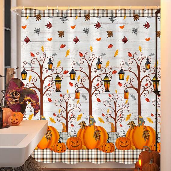 Fowocu Herbst-Duschvorhang, Herbstbaumblätter, Halloween, Kürbis, Duschvorhänge für Badezimmer, dekorativ, Erntedankfest, Bauernhaus, wasserdichter Stoff, Badevorhang-Dekor (183 x 183 cm, gelb2)