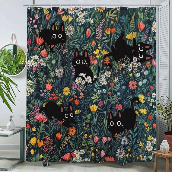 Duschvorhang mit niedlicher Katze, lustig, schwarze Katzen, Boho, Gänseblümchen, Vintage-Stil, für Badezimmer, Tier, Wildblume, Bauernhaus, wasserdichter Stoff, Dekoration, 183 x 183 cm