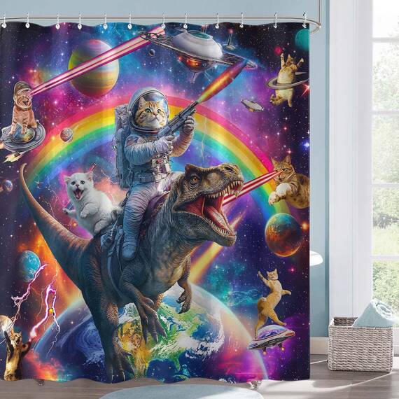 Lustiger Duschvorhang mit Dinosaurier-Motiv, extra lang, cool, bunt, Weltraumkatzen, fürs Bad, Fantasie, Galaxie, Universum, Anime, Kinder, wasserdichter Stoff, Badvorhang, Dekoration, 183 x 213 cm