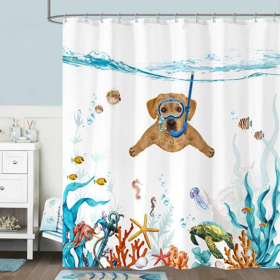 Fowocu lustiger Hunde-Duschvorhang, blaugrün, Meer, Ozean, wasserdichter Stoff, für Badezimmer, mit Tier, Oktopus, Seestern, Schildkröte, Anker, Fisch, nautisches Badvorhang-Dekor (183 x 183 cm)