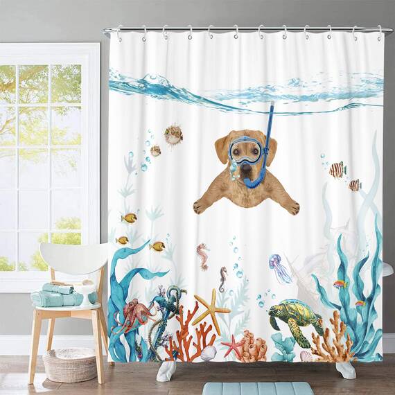 Fowocu Lustiger Hund, extra langes Duschvorhang-Set, blaugrün, Meer, Ozean, wasserdichter Stoff, Duschvorhänge mit Tier, Oktopus, Seestern, Schildkröte, Anker, Fisch, nautisch, Badezimmer-Vorhang
