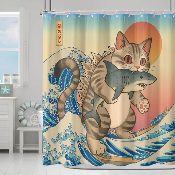 Lustiger japanischer Katzen-Duschvorhang, niedlich, cool, Katze, Monster, Hai, für Badezimmer, Vintage, Ozean, Wellen, Anime, Kinder, wasserdichter Stoff, Badvorhang, Dekoration, 183 x 183 cm