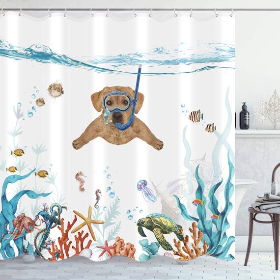 Fowocu Lustiger Hund, extra langes Duschvorhang-Set, blaugrün, Meer, Ozean, wasserdichter Stoff, Duschvorhänge mit Tier, Oktopus, Seestern, Schildkröte, Anker, Fisch, nautisch, Badezimmer-Vorhang