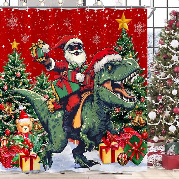 Fowocu Weihnachts-Duschvorhang, lustiger Weihnachtsmann, reitender Dinosaurier, Duschvorhänge für Badezimmer, Winter, Schneeflocke, rot, Stoff wasserdicht , Kinder-Badevorhang, Dekoration, 183 x 183