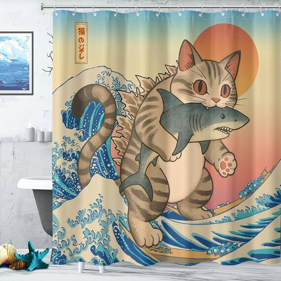 Lustiger japanischer Katzen-Duschvorhang, niedlich, cool, Katze, Monster, Hai, für Badezimmer, Vintage, Ozean, Wellen, Anime, Kinder, wasserdichter Stoff, Badvorhang, Dekoration, 183 x 183 cm