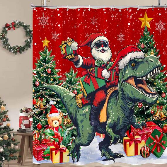 Fowocu Weihnachts-Duschvorhang, lustiger Weihnachtsmann, reitender Dinosaurier, Duschvorhänge für Badezimmer, Winter, Schneeflocke, rot, Stoff wasserdicht , Kinder-Badevorhang, Dekoration, 183 x 183