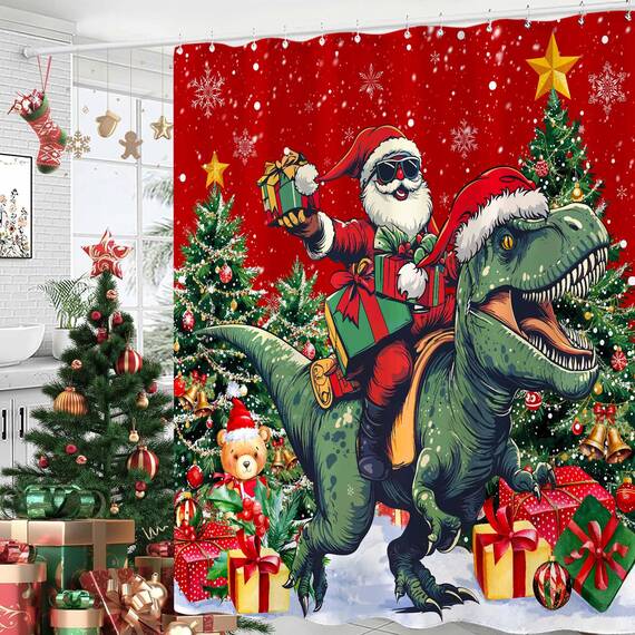 Fowocu Weihnachts-Duschvorhang, lustiger Weihnachtsmann, reitender Dinosaurier, Duschvorhänge für Badezimmer, Winter, Schneeflocke, rot, Stoff wasserdicht , Kinder-Badevorhang, Dekoration, 183 x 183