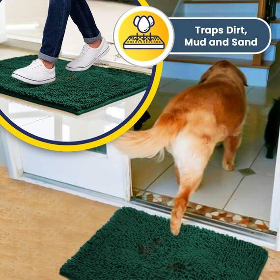 Muddy Mat® AS-SEEN-ON-TV Hochsaugfähige Mikrofaser-Fußmatte und Haustierteppich, rutschfest, dick, waschbar, für Küche, Schlafzimmer, drinnen und draußen, Dunkelgrün, 61 x 243,8 cm