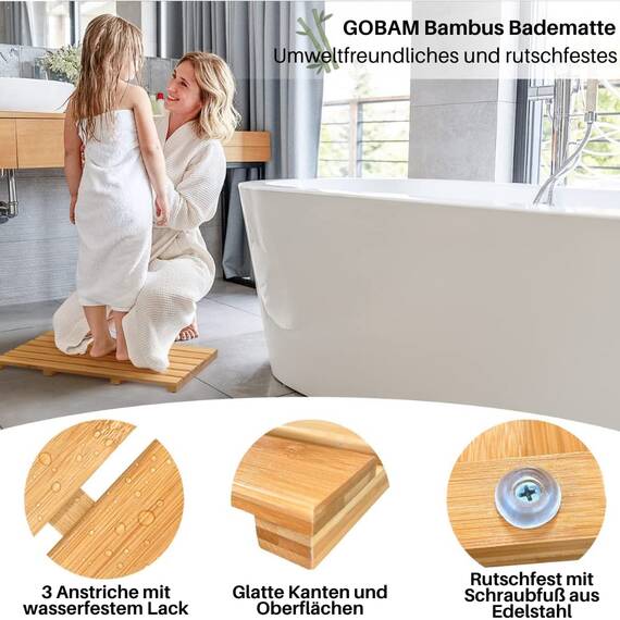 GOBAM Bambus Badematte, Bambusmatte für Innen und Außen, Duschmatte rutschfeste Bodenmatte für Dusche, Badewanne, Spa, Sauna, Eingang, Schwimmbad, leicht zu reinigen (Natürlich, 66 x 40cm)