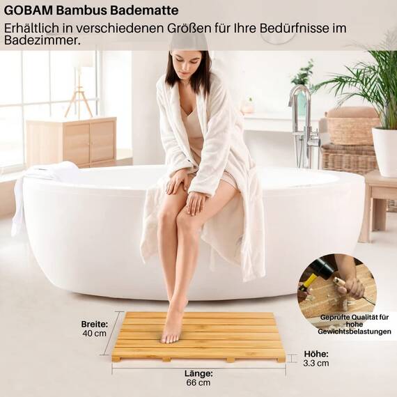 GOBAM Bambus Badematte, Bambusmatte für Innen und Außen, Duschmatte rutschfeste Bodenmatte für Dusche, Badewanne, Spa, Sauna, Eingang, Schwimmbad, leicht zu reinigen (Natürlich, 66 x 40cm)