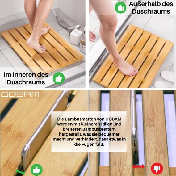 GOBAM Bambus Badematte, Bambusmatte für Innen und Außen, Duschmatte rutschfeste Bodenmatte für Dusche, Badewanne, Spa, Sauna, Eingang, Schwimmbad, leicht zu reinigen (Natürlich, 66 x 40cm)