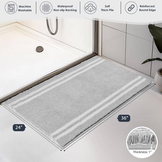 PURRUGS Rutschfester Badezimmerteppich, 61 x 91,4 cm, super saugfähig und schnell trocknend, zottelige Mikrofaser, maschinenwaschbar, Plüsch-Überwurf für Badewanne, Dusche und Waschbecken, Hellgrau