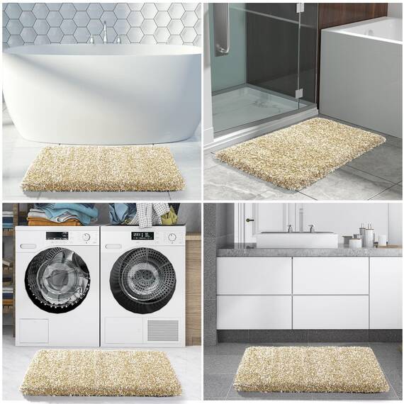Yimobra Flauschige Plüsch-Badematte, superweich, bequem, rutschfest, wasserabsorbierende Mikrofaser-Badematte, trocknet schnell, Beige, maschinenwaschbar, dicker Badezimmer-Bodenteppich für Dusche