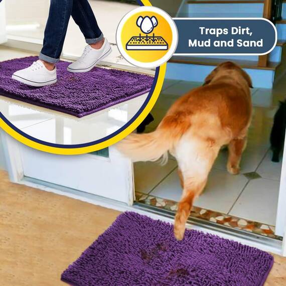Muddy Mat® Super saugfähige Fußmatte für den Innenbereich, Mikrofaser, schnell trocknend, Chenille-Eingangsteppich, rutschfeste Haustürmatte, Innenmatte, maschinenwaschbar, Haustierteppich, Lila, 91,4