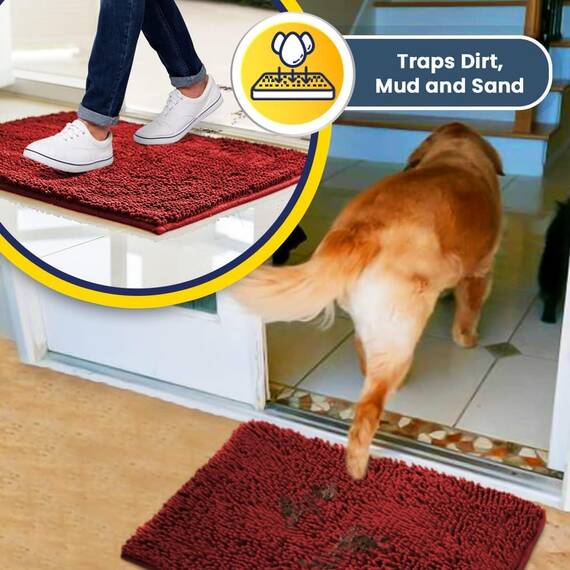 Muddy Mat® Super saugfähige Fußmatte für den Innenbereich, Mikrofaser, schnell trocknend, Chenille-Eingangsteppich, rutschfeste Haustürmatte, Innenmatte, maschinenwaschbar, Haustierteppich, Rot, 91,4
