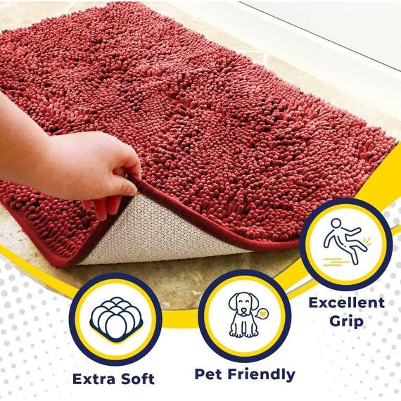 Muddy Mat® Super saugfähige Fußmatte für den Innenbereich, Mikrofaser, schnell trocknend, Chenille-Eingangsteppich, rutschfeste Haustürmatte, Innenmatte, maschinenwaschbar, Haustierteppich, Rot, 91,4