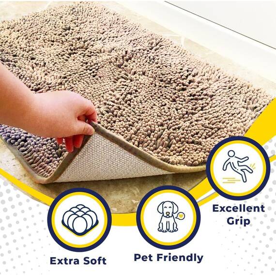 Original Muddy Mat Badezimmerteppiche, sehr saugfähig, rutschfest, dicke zottelige Mikrofaser-Willkommens-Fußmatte, extra weiche Chenille-Badematte für Küche, Haustierteppiche (Supergröße, Beige)