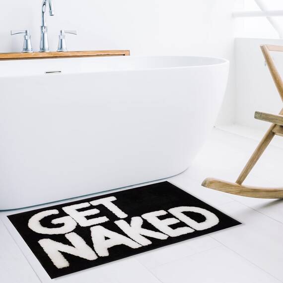 New Mungo Get Naked Badematte, niedlicher Badezimmerteppich mit weißen Buchstaben für Wohnungsdekoration, lustiges Schwarz, Teppich für Badezimmer, 78,7 x 50,8 cm