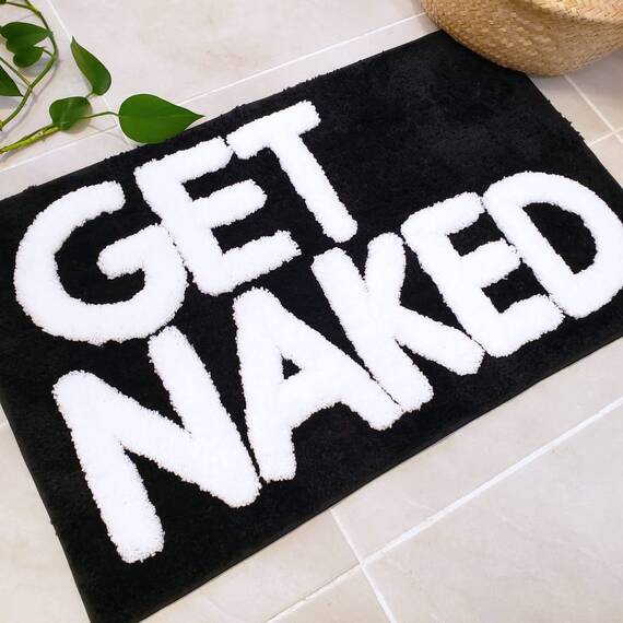 New Mungo Get Naked Badematte, niedlicher Badezimmerteppich mit weißen Buchstaben für Wohnungsdekoration, lustiges Schwarz, Teppich für Badezimmer, 78,7 x 50,8 cm