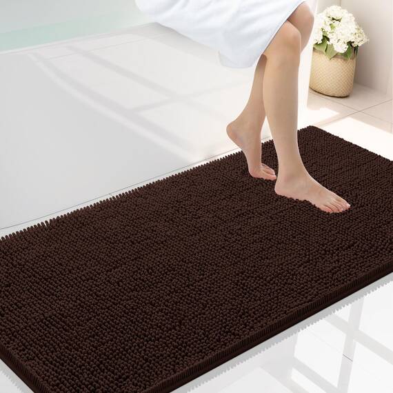 smiry Luxuriöser Chenille-Badteppich, extra weich und saugfähig, zottelig, maschinenwaschbar, Rutschfester Plüsch-Teppich für Badewanne, Dusche und Badezimmer (129 x 61 cm, Braun)