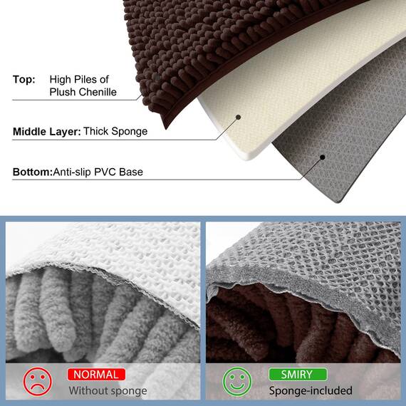 smiry Luxuriöser Chenille-Badteppich, extra weich und saugfähig, zottelig, maschinenwaschbar, Rutschfester Plüsch-Teppich für Badewanne, Dusche und Badezimmer (129 x 61 cm, Braun)