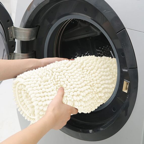 ACCUMTEK Gestreiftes Eiscreme-Badezimmerteppich-Set, 3-teilig, ultraweich, rutschfeste Chenille-WC-Vorleger, saugfähig, Plüsch, Shaggy-Badematten für Badezimmer, Schlafzimmer, Küche