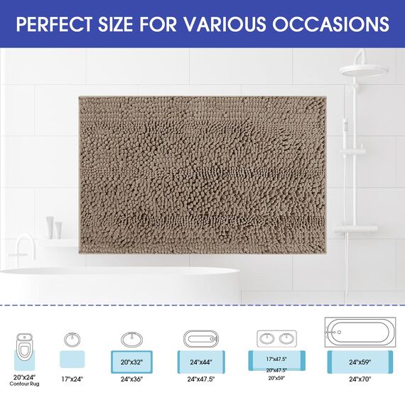 ACCUMTEK Gestreifter Badezimmerteppich, 121,9 x 43,2 cm, ultraweich, rutschfest, Chenille, saugfähig, flauschig, zottelig, Badematten für Badezimmer, Schlafzimmer, Küche, Dusche, Badewanne, Taupe