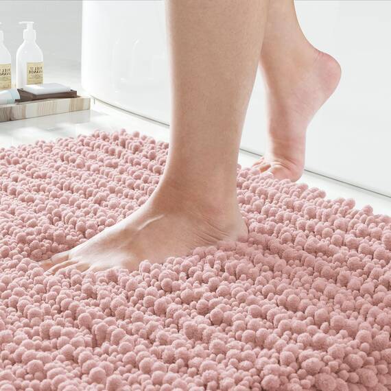 Yimobra Original Luxus-Badematte aus Chenille, 152 x 61 cm, weich, zottelig und bequem, große Größe, super saugfähig und dick, rutschfest, maschinenwaschbar, perfekt für Badezimmer, Hellrosa
