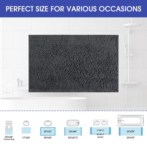 ACCUMTEK Gestreifter Badezimmerteppich, 120,7 x 61 cm, ultraweich, rutschfest, Chenille, saugfähig, flauschig, zottelig, Badematten für Badezimmer, Schlafzimmer, Küche, Dusche, Badewanne, Dunkelgrau,