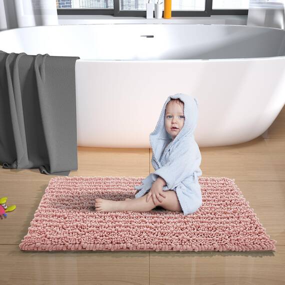Yimobra Original Luxus-Badematte aus Chenille, 152 x 61 cm, weich, zottelig und bequem, große Größe, super saugfähig und dick, rutschfest, maschinenwaschbar, perfekt für Badezimmer, Hellrosa