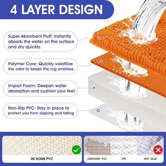 ACCUMTEK Gestreiftes orangefarbenes Badezimmerteppich-Set, 3-teilig, ultraweich, rutschfeste Chenille-WC-Vorleger, saugfähig, Plüsch, Shaggy-Badematten für Badezimmer, Schlafzimmer, Küche
