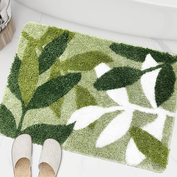 ZebraSmile Badezimmerteppich mit grünem Blattmuster ca. 44,5 x 65 cm, weiche, saugfähige Badematte mit rutschfester Rückseite für Waschbecken, Dusche, Badewanne, Badezimmerboden und als Fußmatte im