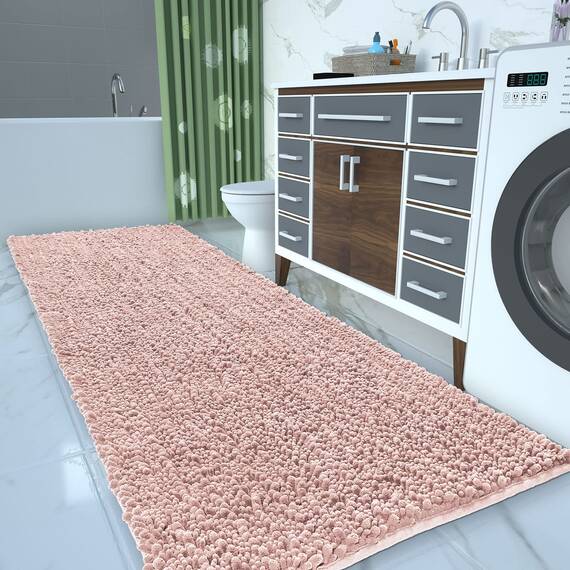 Yimobra Original Luxus-Badematte aus Chenille, 152 x 61 cm, weich, zottelig und bequem, große Größe, super saugfähig und dick, rutschfest, maschinenwaschbar, perfekt für Badezimmer, Hellrosa