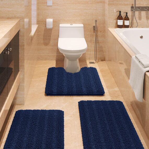 ACCUMTEK Gestreiftes marineblaues Badezimmerteppich-Set, 3-teilig, ultraweich, rutschfest, Chenille, WC-Vorleger, saugfähiger Plüsch, zottelige Badematten für Badezimmer, Schlafzimmer, Küche